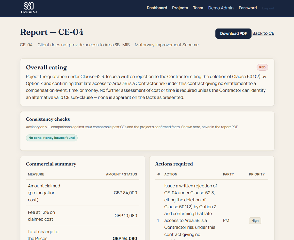 A Clause 60 review — overall RAG rating with each finding cited to the contract