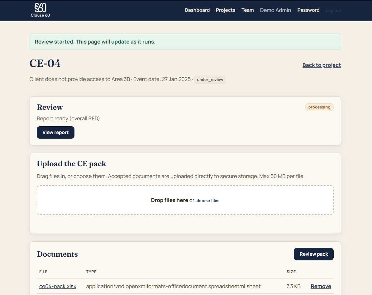 Clause 60 running a review — the page updates as it processes