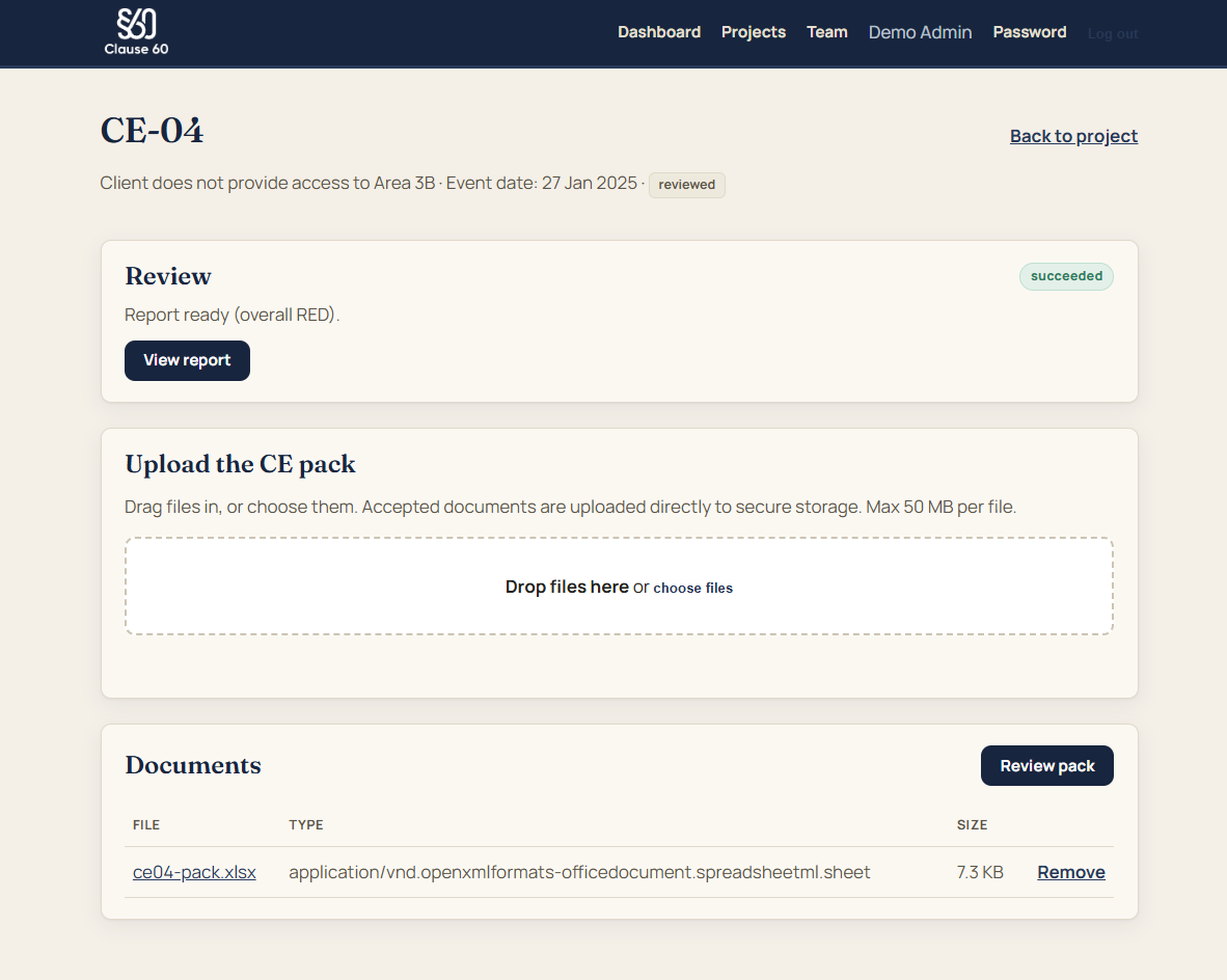 Clause 60 — uploading a compensation-event pack, with the review ready to run